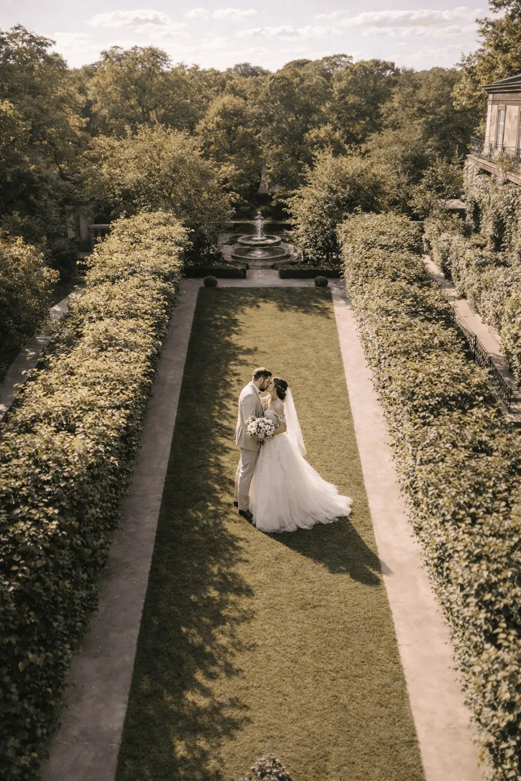 Newlyweds in a formal garden seen from above