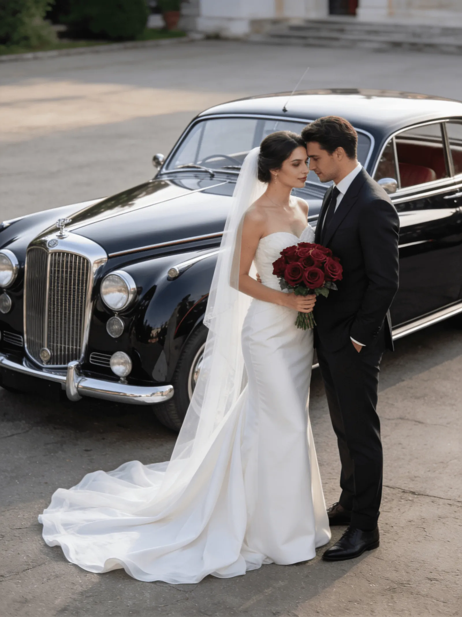 Couple devant une voiture décorée de fleurs